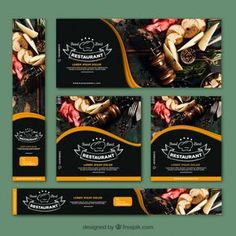 four different restaurant banners with food items on the front and back side, in yellow and black colors