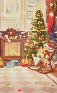 a christmas tree with presents in front of a fireplace