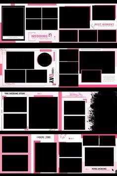 a page layout for a wedding album is shown in pink and black, with the words'just married'on it