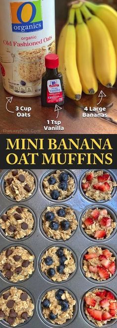 the ingredients for mini banana oat muffins are shown in front of a muffin tin