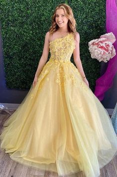 Yellow Evening Dresses, One Shoulder Prom Dress, Spaghetti Strap Prom Dress, Lace Formal Dress, Prom Dresses Sleeveless, Prom Dresses For Teens, Long Prom Dresses, A Line Prom Dresses, Lace Evening Dresses