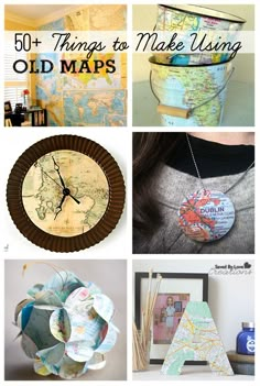 the collage shows different things to make using old maps as pendants and necklaces