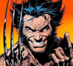 an image of the wolverine character with blue hair and claws on his face, holding two scissors