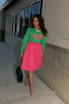 Alpha Kappa Alpha Sorority 1908 AKA pink and green outfits Aka Fashion Alpha Kappa Alpha, Founders Day Outfit Aka, Aka Tshirt Ideas, Aka Conference Attire, Aka Chapter Meeting Attire, Aka Outfits Ideas, J15 Aka Alpha Kappa Alpha Outfit, Pink And Green Outfits Black Women, Alpha Kappa Alpha Outfits