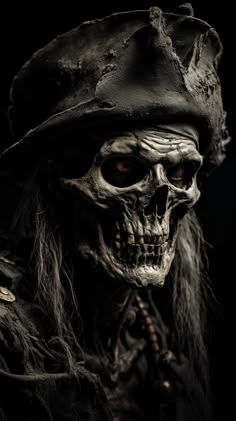 a skeleton wearing a pirate hat and long black hair is shown in the dark with red eyes