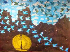 a painting with blue and yellow butterflies in the sky