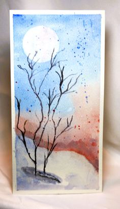 a watercolor painting of a tree with the moon in the sky and snow on it