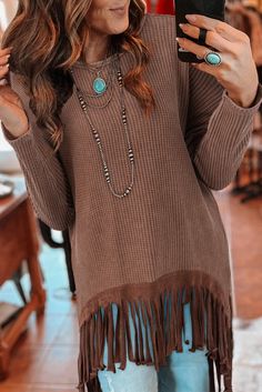 Olivia Mark - Fringed Knit Coffee Top in Relaxed Fit Knot Sweater, Cotton Blossom, Waffle Fabric, Loose Top, Waffle Knit Top, Boutique Tops, Favorite Sweater, Loose Tops, Patchwork Designs