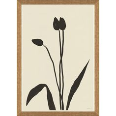 a black and white drawing of three flowers in a brown frame on a beige wall