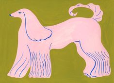 a drawing of a pink dog with blue stripes on it's tail, standing in front of a green background