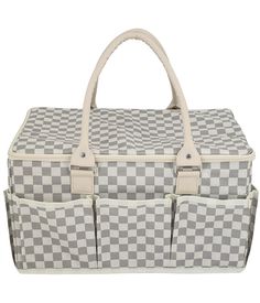 a gray and white checkered bag with two pockets