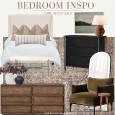 a bedroom is shown with furniture and decor in shades of brown, beige, and white