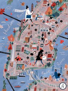 an illustrated map of new york with people walking and riding on the streets in it