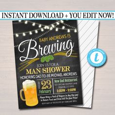 "EDITABLE BABY IS BREWING MAN SHOWER INVITE! Awesome beer man shower party invite is great for throwing a fun dad diaper shower! Features a faux chalkboard background and trendy graphics! A great invite to use when hosting a fun man shower party for the dad to be! *ALL TEXT IS EDITABLE SO MAKE IT SAY WHATEVER YOU WISH! Use for dad shower, baby showers, baby sprinkles, gender reveal parties, couples showers and more! FULL EDITING OPTIONS WITH TEMPLETT! TRY THE DEMO NOW - Just copy and paste this Dudes And Diapers Party, Man Shower, Baby Is Brewing, Chalkboard Printables, Invitation Text, Baby Invitations, Couple Shower, Baby Sprinkle, Shower Baby