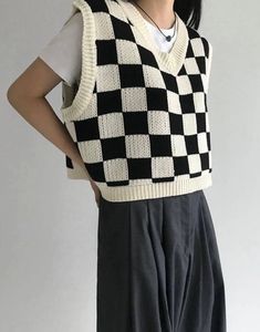 Women's Square Patterned V Neck Sweater - STREETMODE ™ Crochet Top Aesthetic Vintage, Crochet Cardigan Videos, Sweatervest Aesthetic Outfit, Sweat Crochet, Crochet Sweater Aesthetic, Black Knitted Vest, Crochet Sweater Vest, Gilet Crochet, Mode Crochet