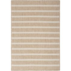 a beige and white rug with horizontal stripes