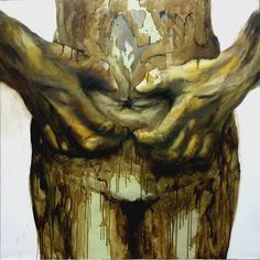 an abstract painting of hands with dripping paint on it's arms and chest, in front of a white wall