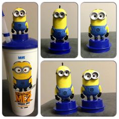 four pictures of a minion drinking out of a cup