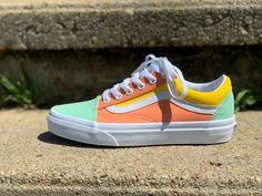 "Custom \"melon ball\" old skool low top vans. The colors are yellow, mint, and a custom melon orange. These will take approximately 2 weeks from your order date to get to you so please keep that time limit in mind when ordering. Please order your size in men's. Once you put in your order, place your size in men's in the notes section." Sneakers Colorful, Vans Painted, Orange Vans, Low Top Vans, Rocko's Modern Life, Toddler Photos, Sneakers Athletic, Custom Vans, Custom Sneakers