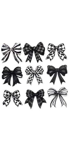 six black and white bows with checkered patterns on the ends, all tied together