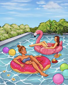 two women floating on inflatables and flamingos at the edge of a swimming pool