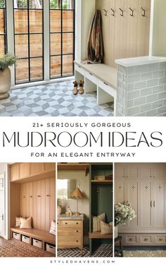 the front cover of an elegant entryway with lots of storage space and wood paneling