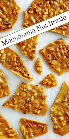 homemade macadamia nut brittles on a baking sheet with the title overlay