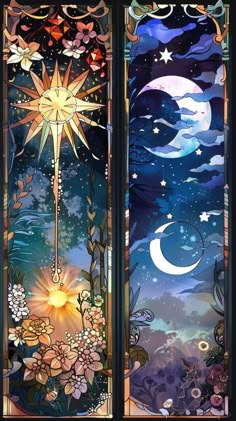 two stained glass windows with stars, moon and flowers in the window sills