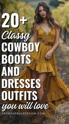 Cowboy Boho Outfit, Semi Formal Western Outfits For Women, Summer Dress With Cowboy Boots, Dressy Cowgirl Style Outfits, Black Dress And Cowboy Boots, Dress With Western Boots, Cowgirl Dresses With Boots, Classy Cowgirl Outfits, Modern Cowgirl Outfits