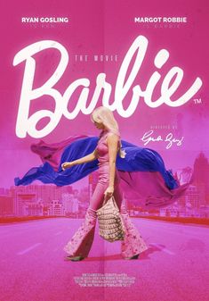 the movie poster for barbieie starring in pink and blue with an image of a woman walking