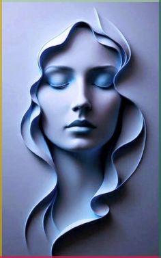 a woman's face with blue eyes and wavy hair is shown in the shape of a paper sculpture