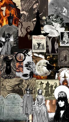 a collage of images with witches and other things on them, including an image of a