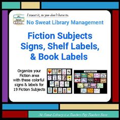 a sign that says fiction subjects signs, shelf labels and book labels with images of books on them