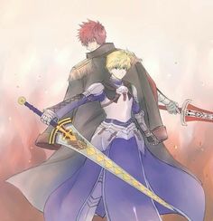 an anime character holding two swords in their hands and standing next to another character with red hair