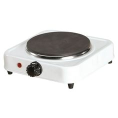 a white and black electric stove top on a white background with the lid open to show the burner