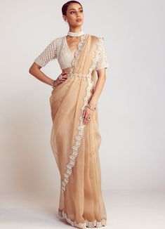 Buy Beige Organza Saree Set With Elbow Sleeved Embellished Blouse by Vvani By Vani Vats at Fabilicious Fashion! Shop made-to-measure Indian wedding wear and jewellery with fast shipping to USA, UK, and Canada. Belt Saree Blouse Design, Vani Vats, Full Sleeve Blouse, Beige Blouse, Indian Wedding Wear, Georgette Blouse, Embellished Blouse, Organza Saree, New Fashion Trends