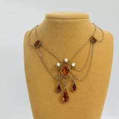 Estate beautiful antique gold filled citrine glass natural pearls festoon necklace. nice condition. fits up to 15 inchs. estate 1900's unmarked gold filled. Vintage Royal Jewelry, Vintage Necklace Antiques, Festoon Necklace, Fantasy Necklace, Orange Necklace, Fairy Jewelry, Dragon Jewelry, Antique Necklace, Fancy Jewelry