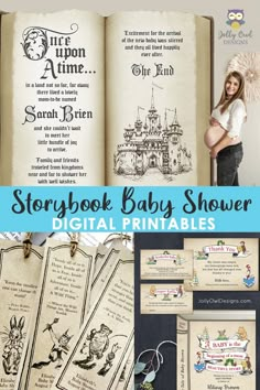 the storybook baby shower printables are shown