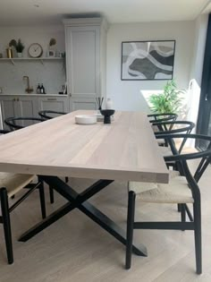 a wooden table sitting in the middle of a kitchen