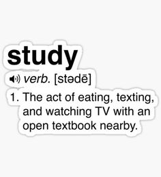 a text message with the words study and an open textbook in black on white background