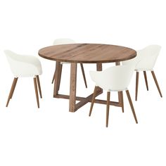 a wooden table with white chairs around it