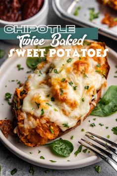 A chipotle twice baked sweet potato set on a plate with a fork set on the edge of the plate ready for eating.