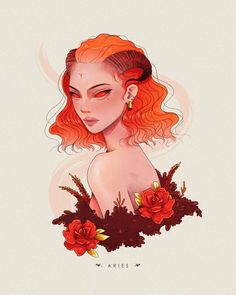 an illustration of a woman with red hair and flowers in her hair, wearing earrings