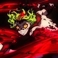 an anime character with yellow eyes and green hair, wearing red flames on his face