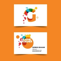 two business cards with the letter g and colorful circles on them, one is for graphic designer