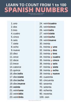 spanish numbers with the words learn to count from 1 to 100 in front of them