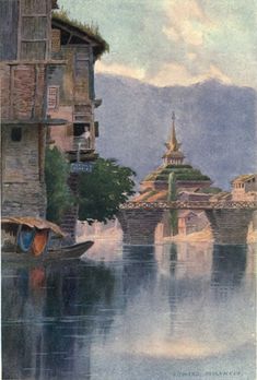 an image of a painting of boats in the water near buildings and mountains behind them