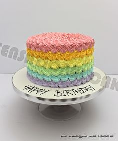 a multi - colored birthday cake with the words happy birthday written on it and rolled in rainbow icing