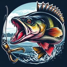 a fish with a fishing rod in it's mouth is jumping out of the water