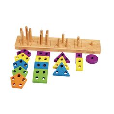 a wooden toy with different colored blocks and pegs